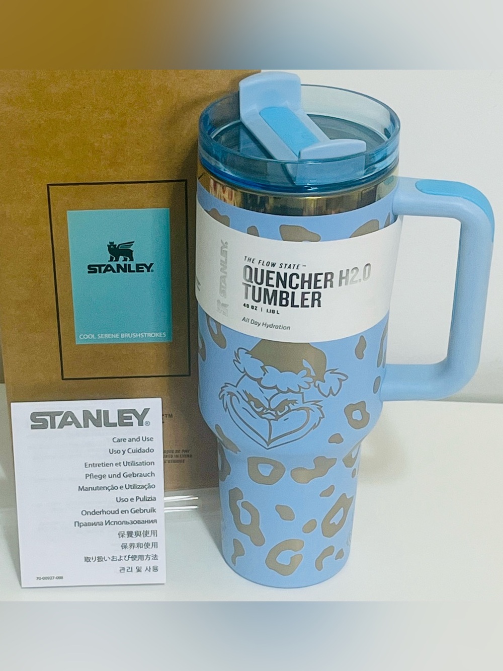Stanley Quencher H2.0 40oz Tumbler - Baby Blue with Leopard & Grinch Print